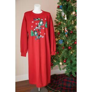 VINTAGE 80's Comfort Exchange Christmas Cute Dogs Ski Red Nightgown Unisex M